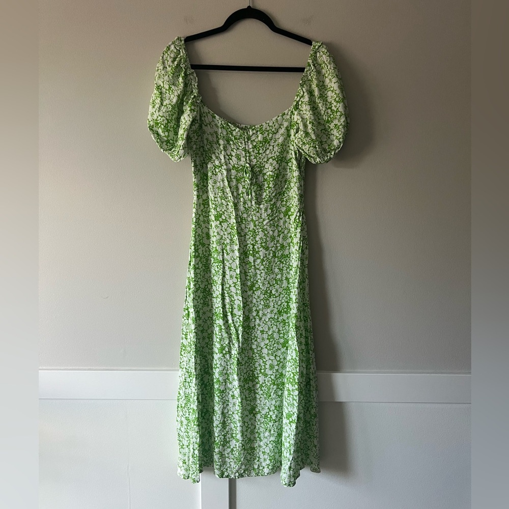 Faithfull the Brand Green Floral Puff Sleeve Midi Dress Size M